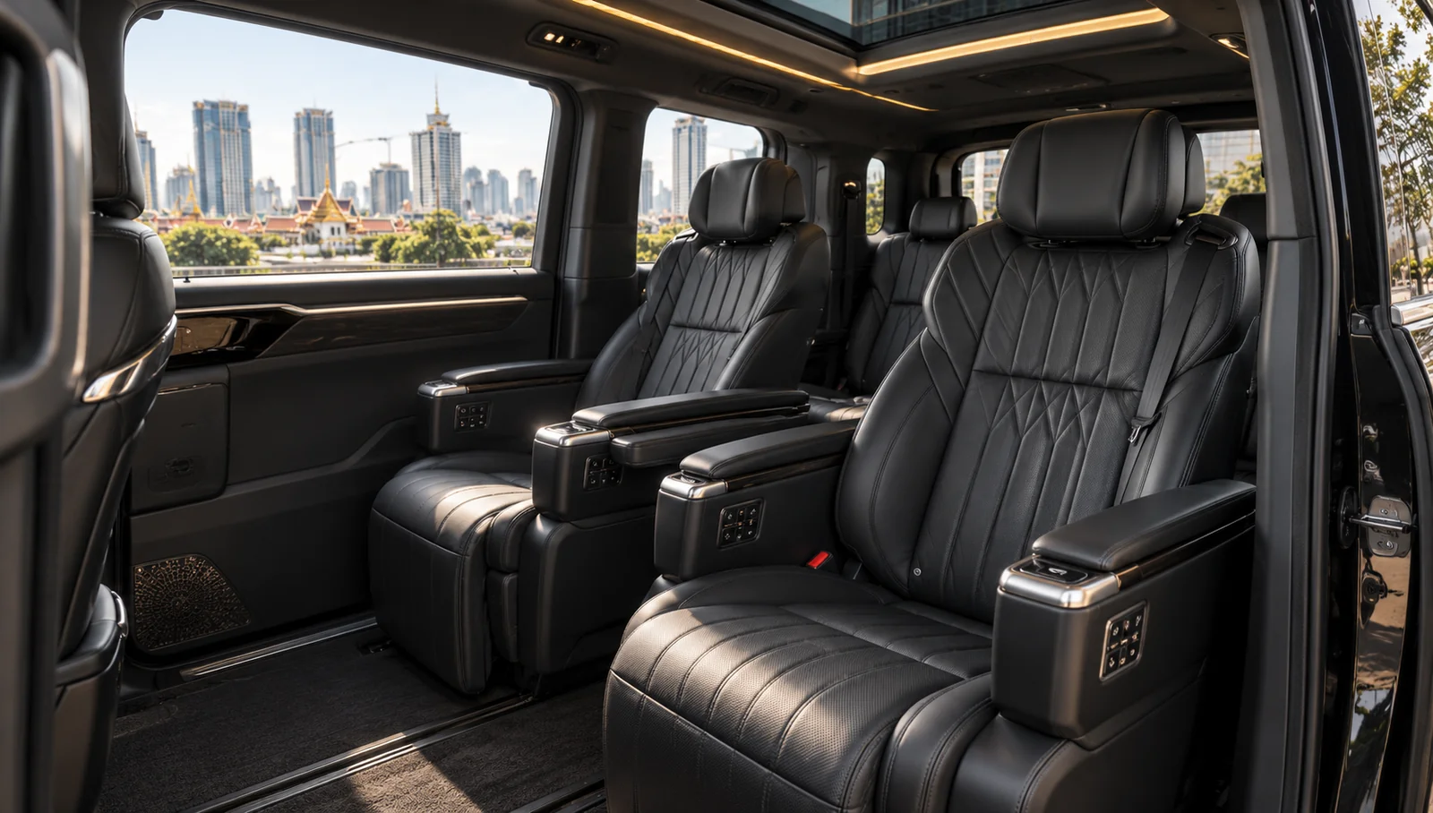 AI illustration of a black leather electric van cabin; equipment requires confirmation